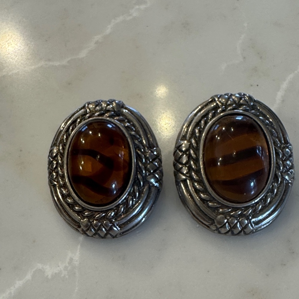 Vintage Silver and Brown Clip-On Earrings